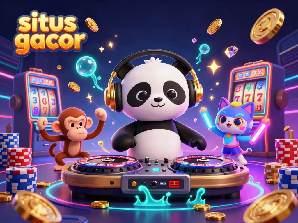 Experience the excitement of situs gacor with a vibrant 3D illustration of a DJ panda and lively characters.