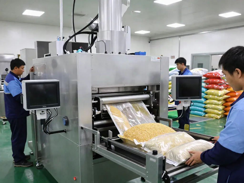 Automatic bagging machine manufacturers showcasing high-speed packaging in a modern factory environment.