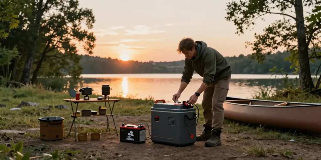 Using a 12V lithium battery at a scenic campsite to power a refrigerator for outdoor adventures.