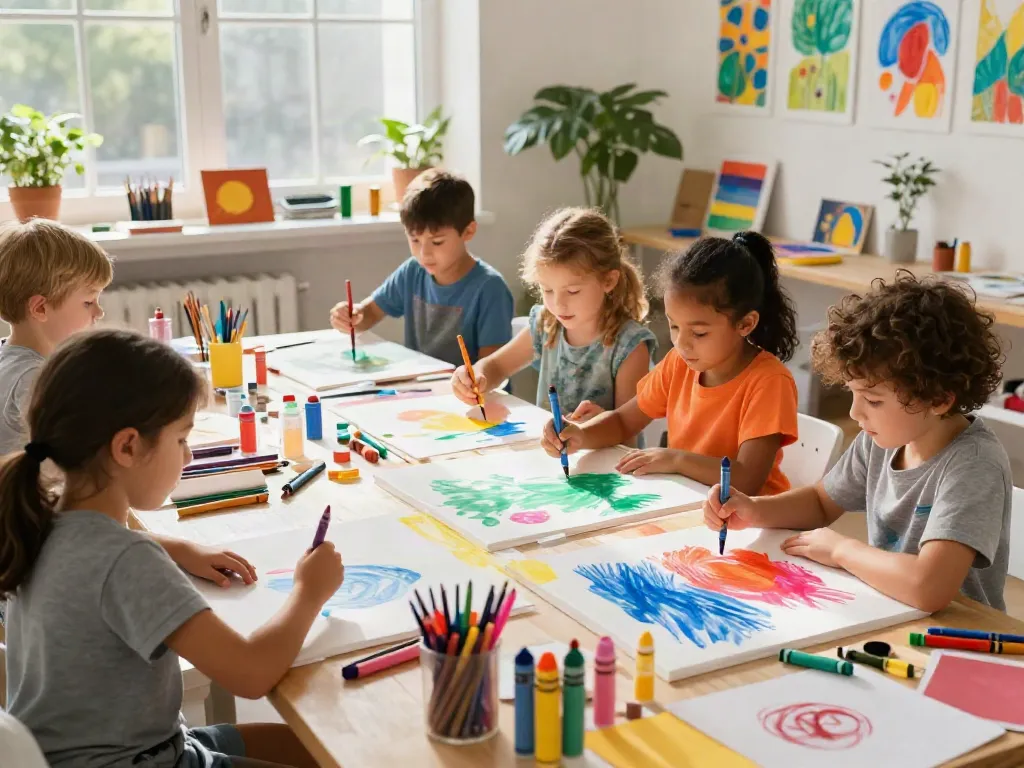 Children creating colorful artwork as a crayon supplier showcases creativity and joy in an art studio.