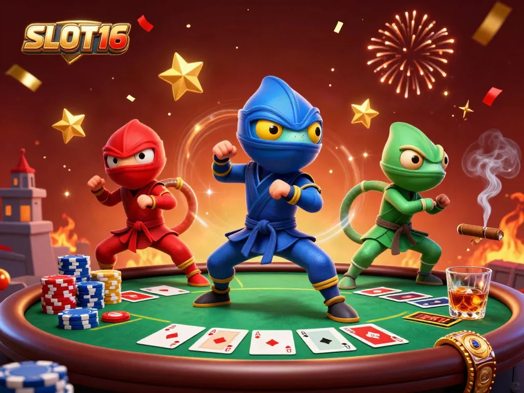 SLOT16 features a vibrant scene with chameleon ninjas performing martial arts beside poker elements.
