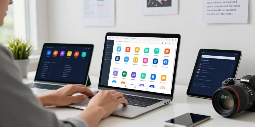 Person using a laptop showcasing popular 링크사이트 in a bright, organized workspace.