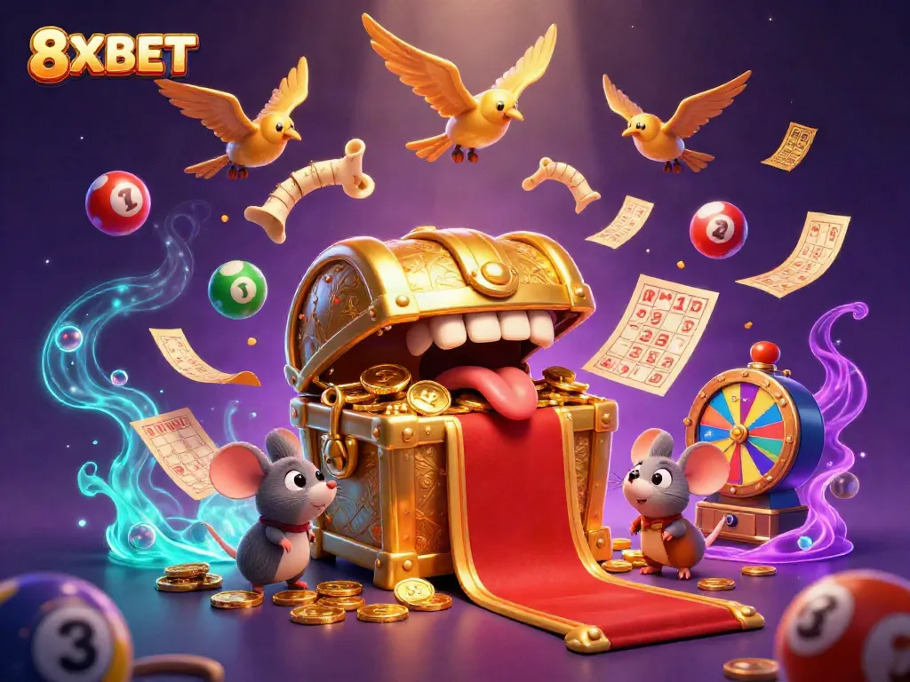 Engage with the thrilling 8XBET casino experience, where a treasure chest lures players with vibrant game elements.