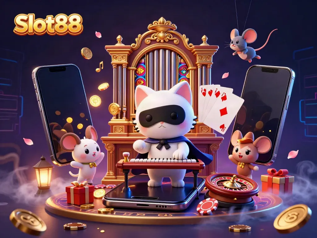 Engage with Slot88 excitement through a captivating 3D casino illustration portraying vibrant game elements and whimsical characters.