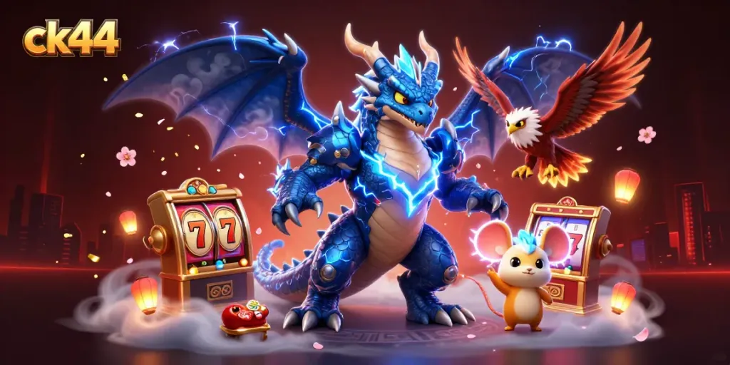 Experience thrilling gameplay with ck44's dynamic 3D illustration featuring action-packed casino elements.