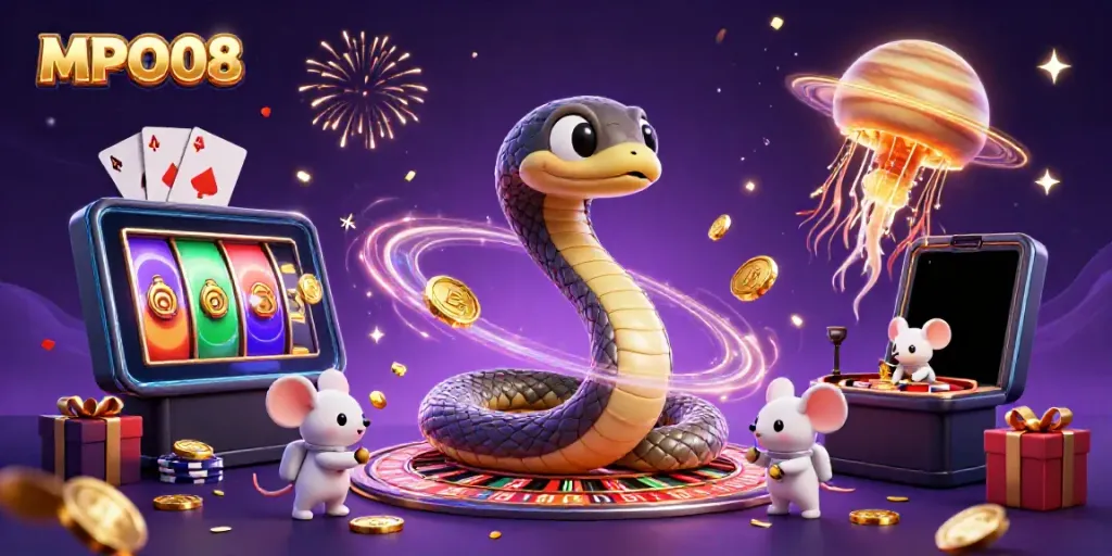 Engage in thrilling wins with MPO08 featuring a cosmic scene of playful astronaut mice and a roulette wheel.