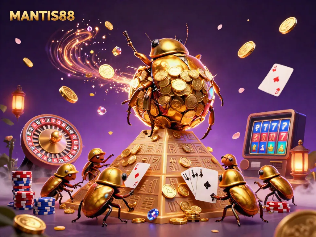 MANTIS88 enhances the gaming experience with vibrant golden coins and a modern casino scene featuring massive beetles and rolling jackpots.
