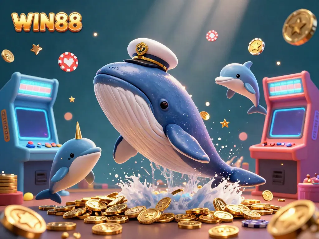 WIN88 casino-themed illustration with a giant whale, narwhal, and playful dolphins amid coins and arcade machines.