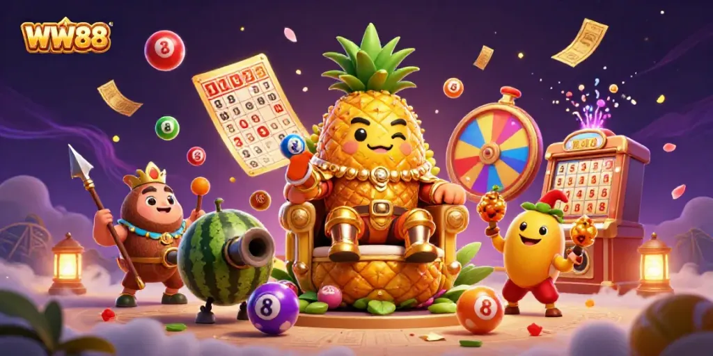 Experience excitement with the WW88 golden pineapple king and vibrant gaming elements in this casino scene.