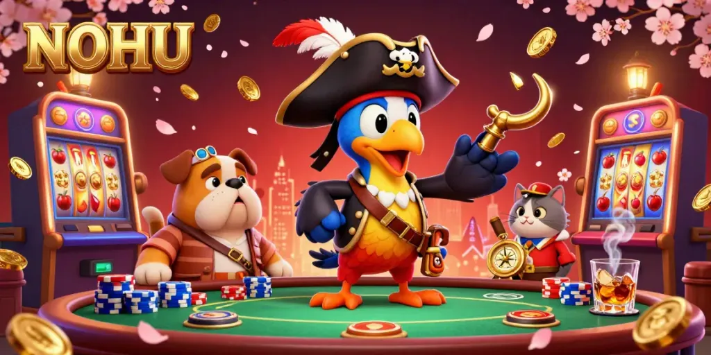 Experience thrilling entertainment at NOHU with vibrant slot games and animated characters creating an engaging gaming atmosphere.