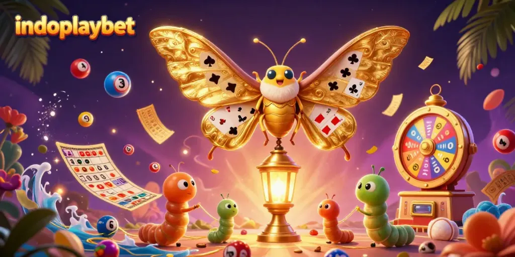 Indoplaybet menghadirkan ilustrasi kasino dengan kupu-kupu raksasa dan elemen lotere yang berwarna-warni.