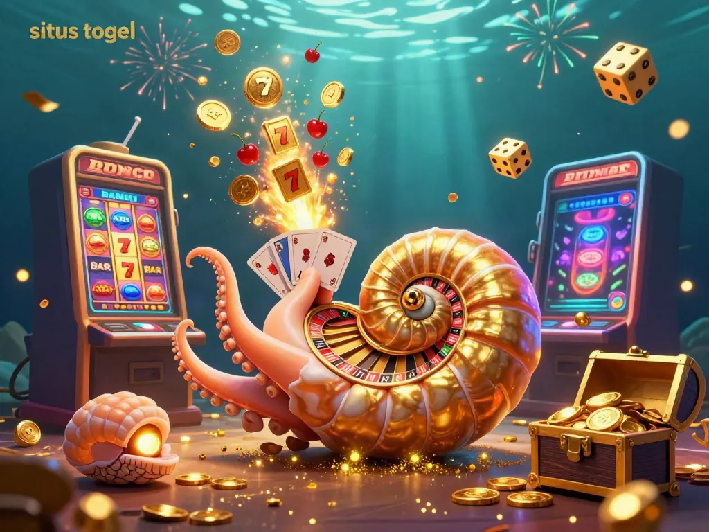 Situs togel scene showcasing a 3D nautilus roulette wheel amidst a jackpot explosion of coins.