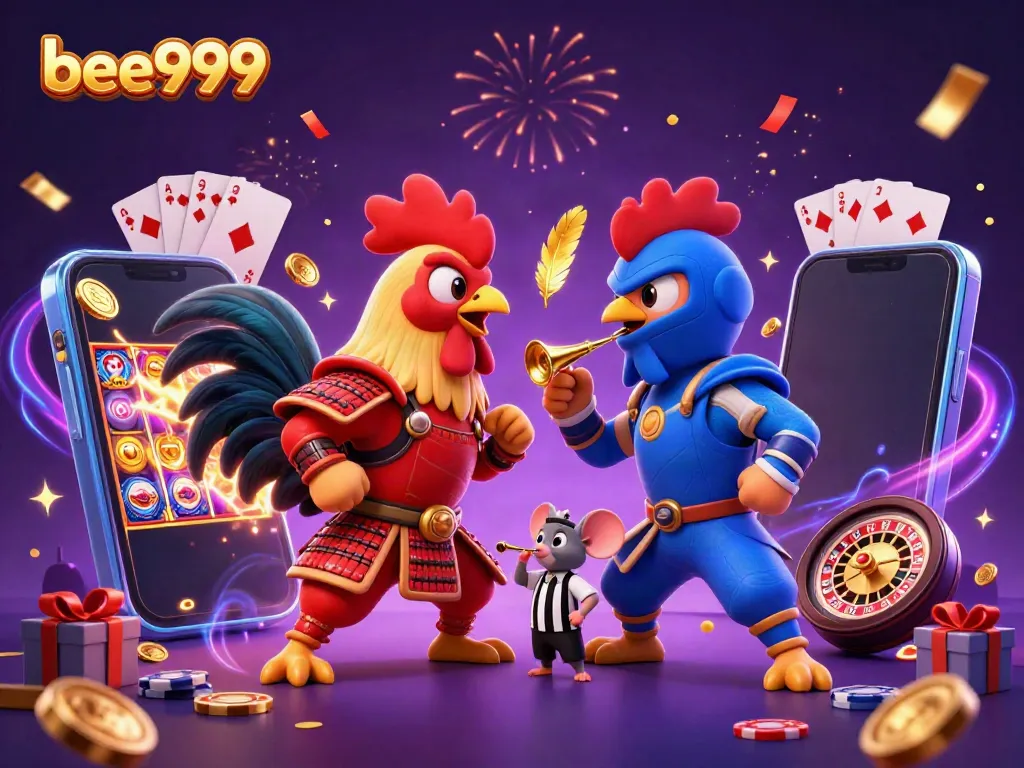 Experience thrilling betting with bee999 in a vibrant battle scene featuring samurai and ninja roosters.