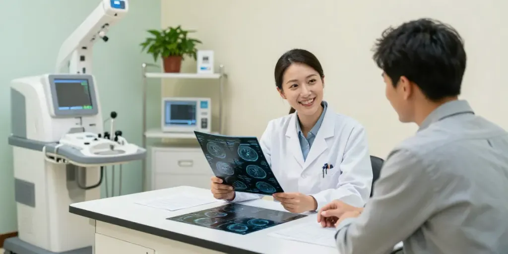 Fachärztin im Diagnostikzentrum Wolfsburg erklärt einem Patienten die CT- und MRT-Bilder.