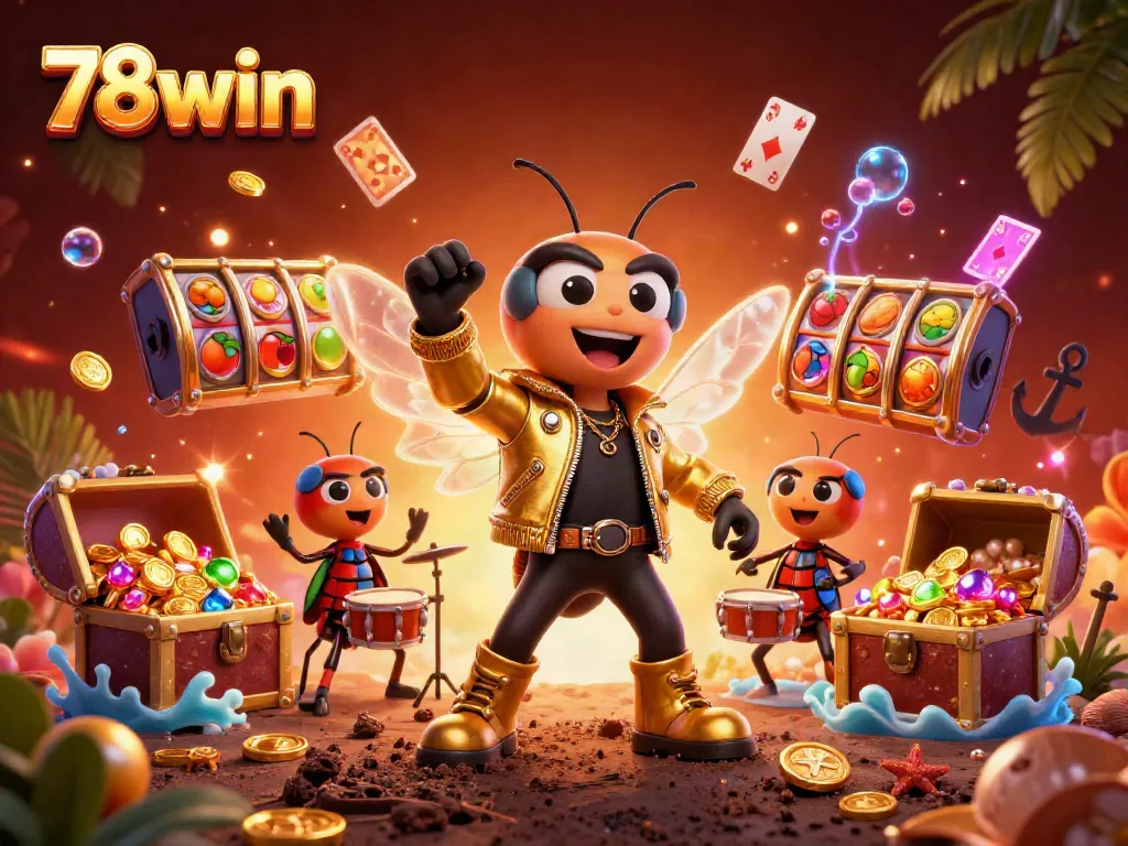 Experience the vibrant world of 78win with a dynamic rock star scene featuring casino elements.