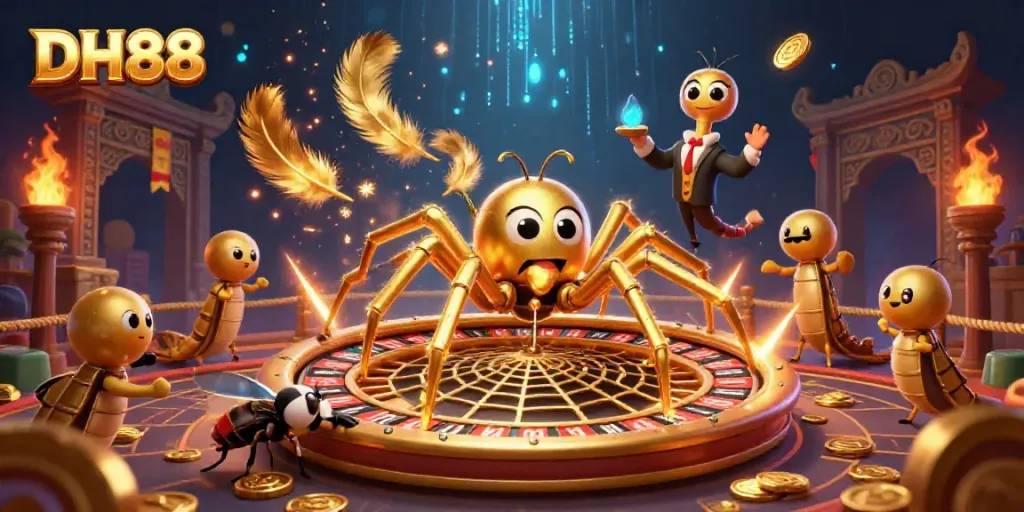 Experience thrilling bets at DH88 with a cartoon spider spinning a roulette wheel web and a centipede croupier.