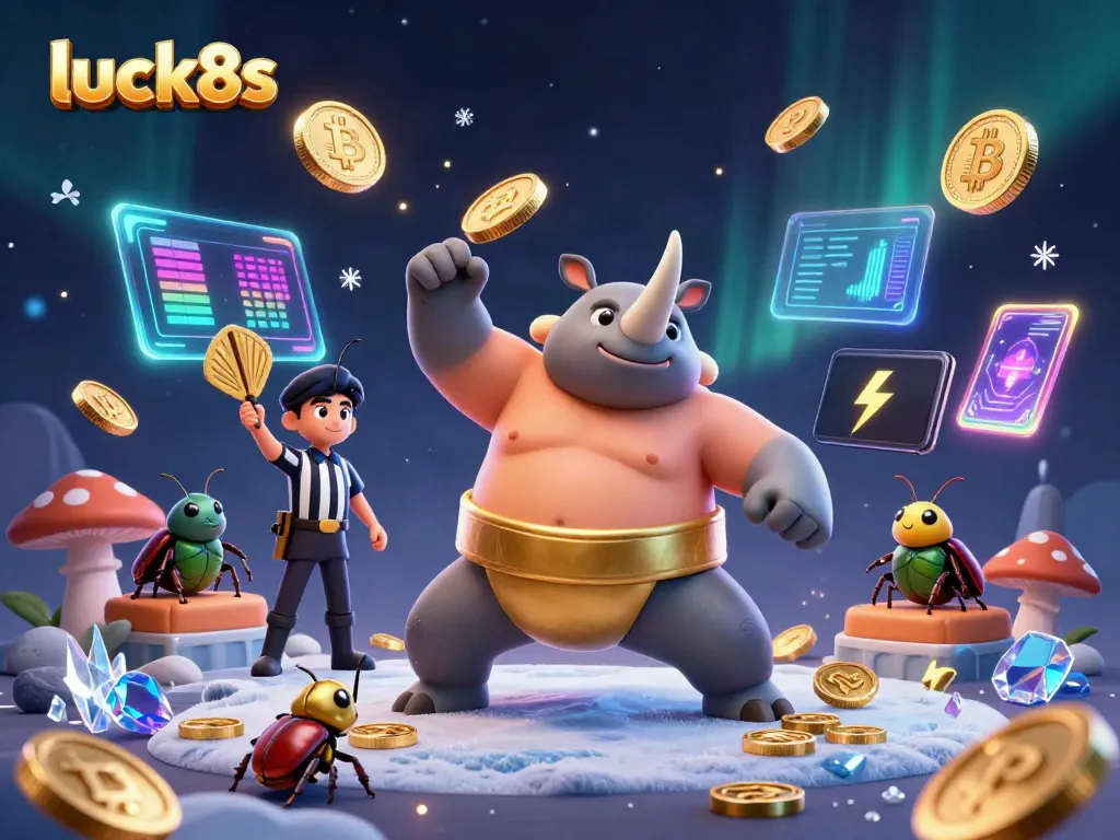 Experience the excitement of luck8s as the sumo beetle champion captures golden coins in an electrifying casino scene.