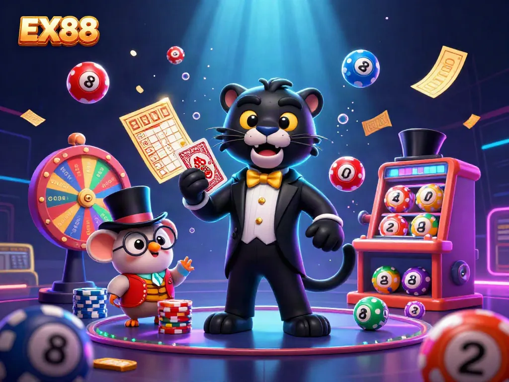 Experience casino thrills with EX88 in a vibrant 3D illustration featuring colorful games and charming characters.