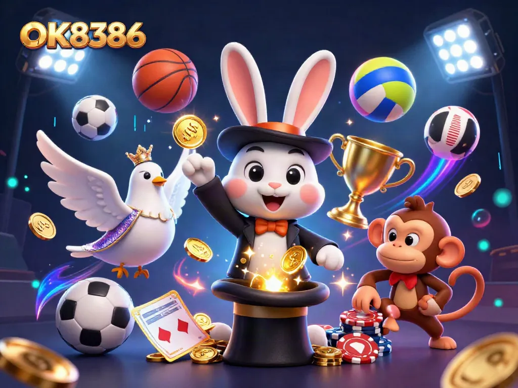 Experience the thrill of OK8386 with a rabbit magician, dove assistant, and monkey amidst casino excitement.