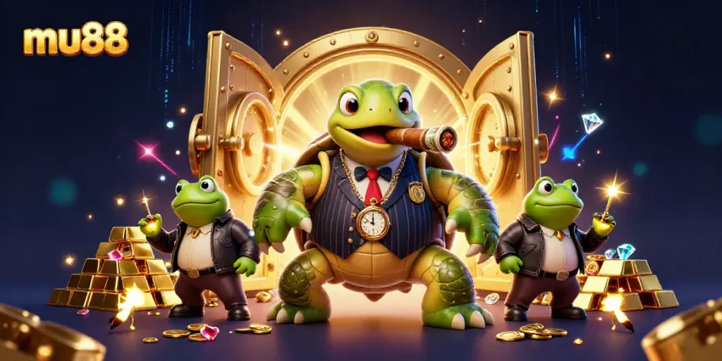 Win big with mu88 as cartoon characters celebrate in a vibrant casino scene filled with treasures.
