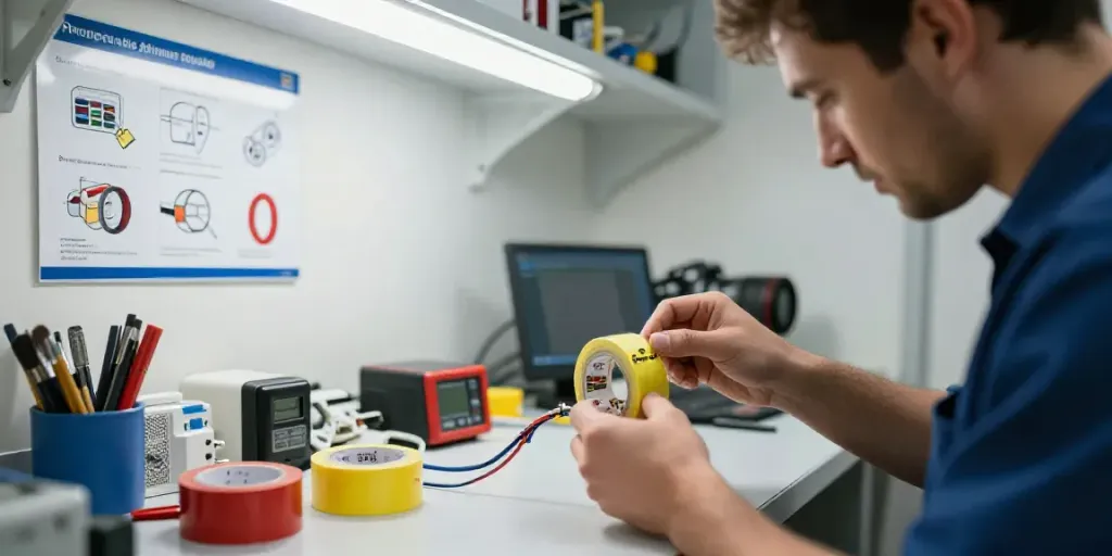Technician using Super33 Daftar electrical tape for safe wire installations in a workshop.