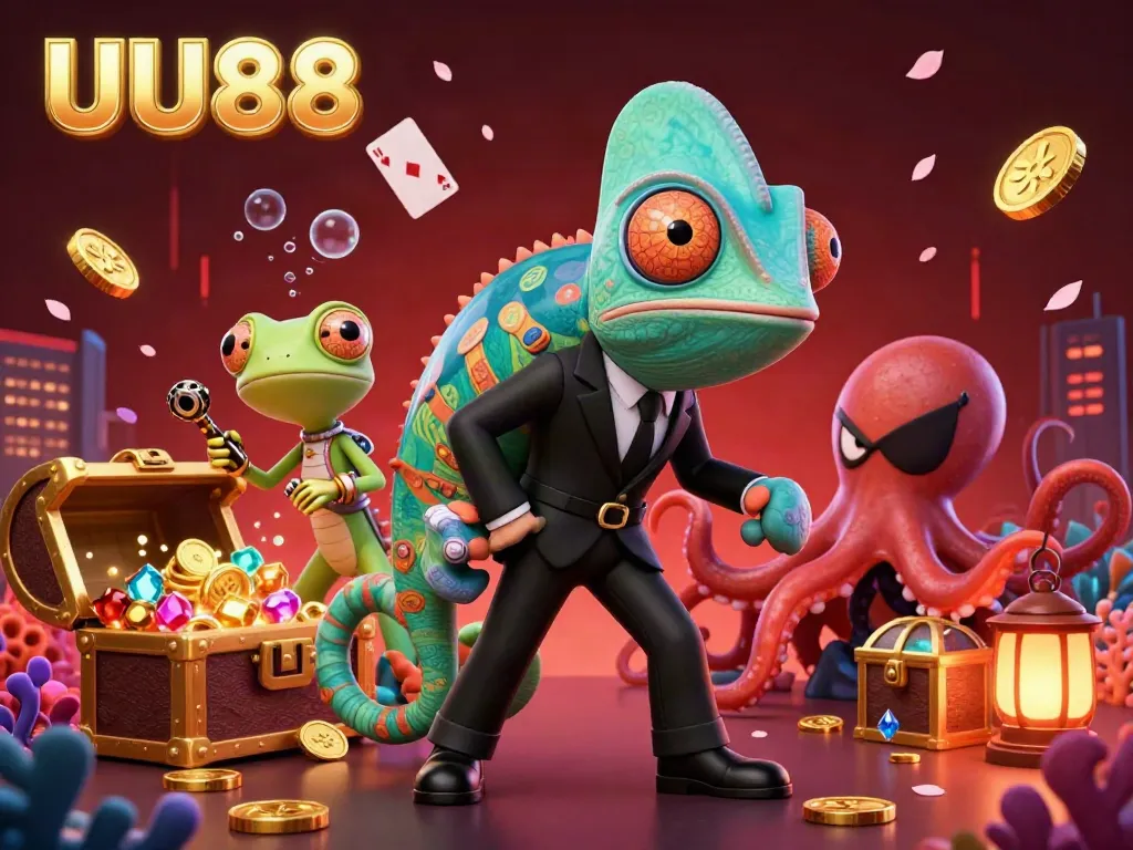 Engage with exciting gambling at UU88 featuring a colorful underwater scene with characters and treasure chests.
