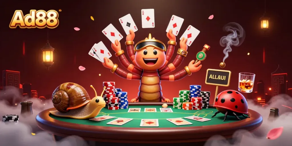 Experience thrilling poker action with Ad88's vibrant 3D casino illustration featuring dynamic characters and game elements.