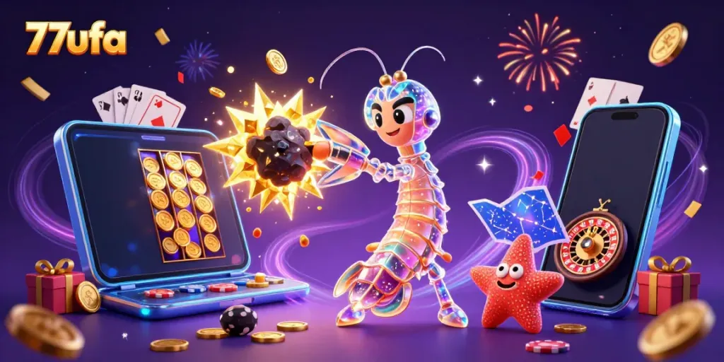 Experience the excitement at 77ufa with this vibrant 3D scene featuring a galactic samurai and casino elements.