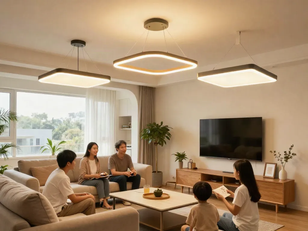 Lustra LED elegantă în interiorul unui living modern, atmosfera confortabilă pentru servicii de încredere locale.