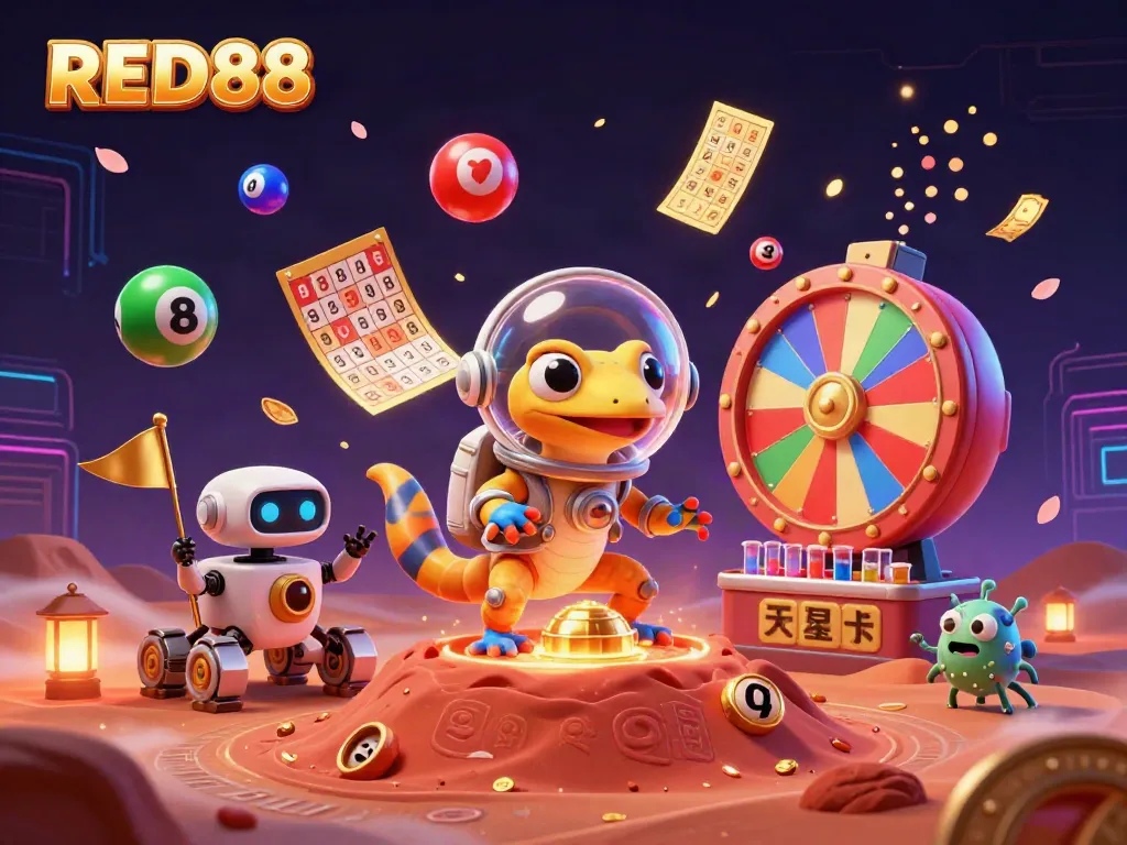 Join the Martian gecko in exploring a vibrant casino world with RED88, winning excitement and unique games.