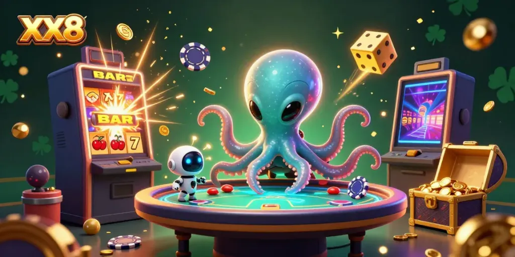 Experience the excitement of XX8 with a dynamic scene of an alien octopus at a holographic poker table.