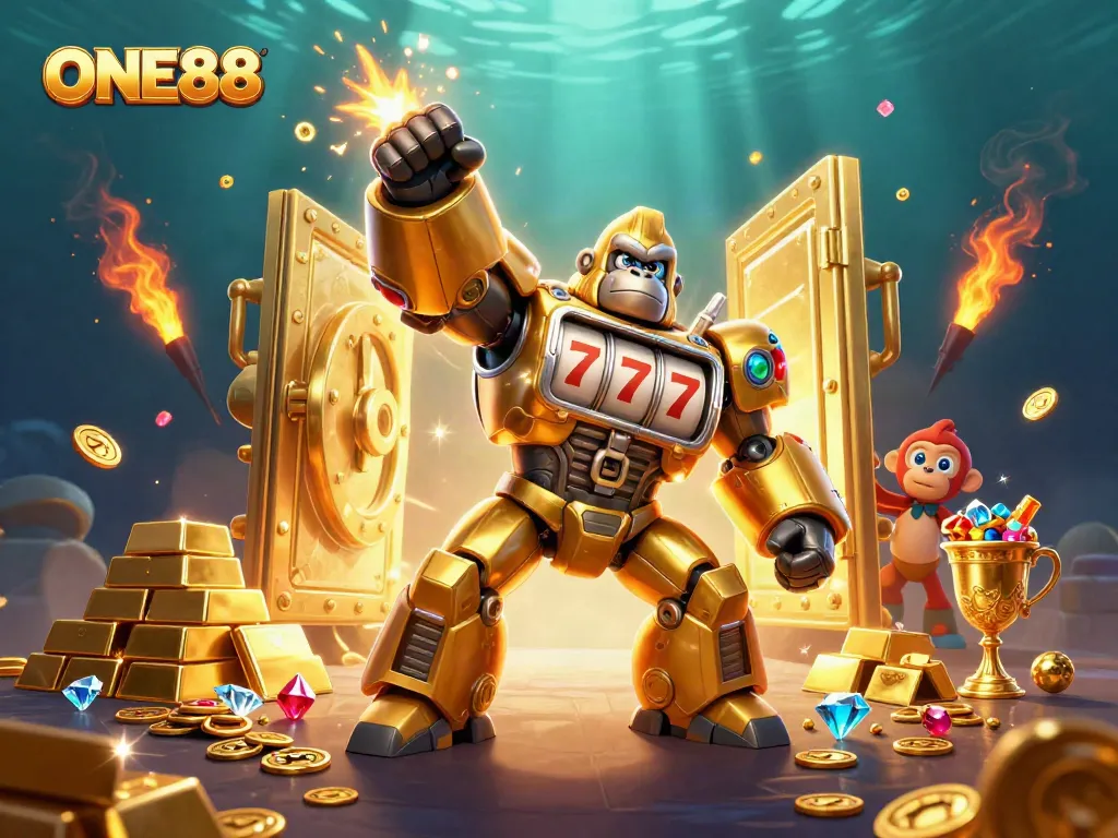 Experience the dynamic action of ONE88 with a golden gorilla mech and treasures erupting around it.