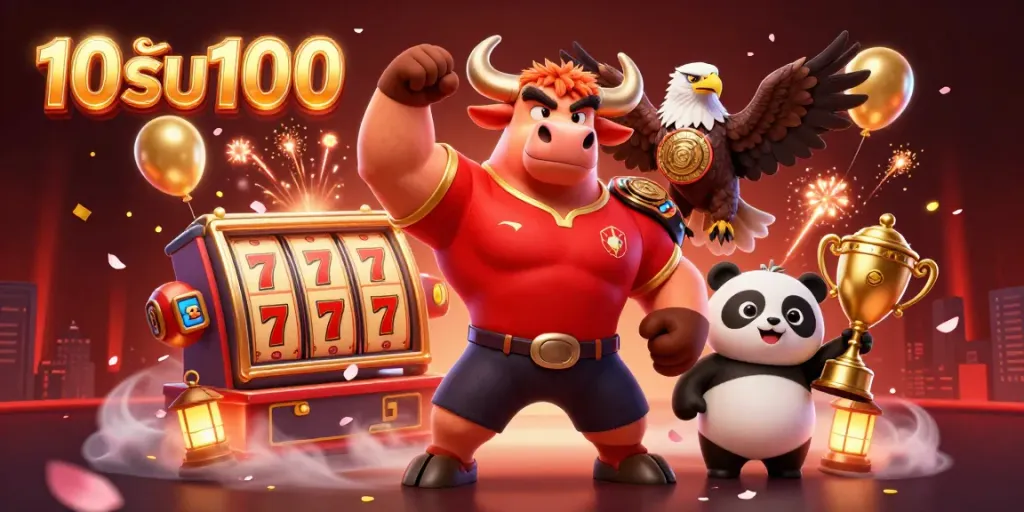 ภาพการ์ตูน 3 มิติของ 10รับ100 ที่นำเสนอความยิ่งใหญ่ในคาสิโนออนไลน์