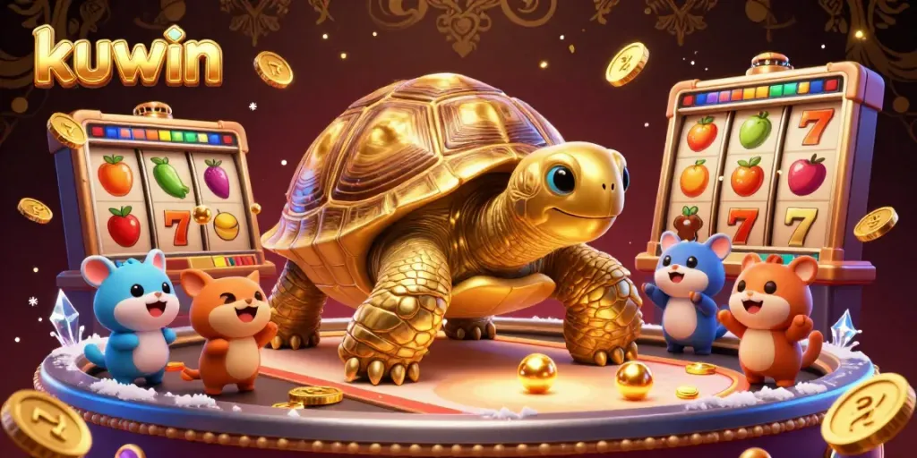 Experience thrilling slots and jackpots at kuwin with a golden tortoise pinball machine and excited animals.