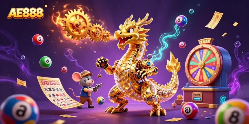 Experience the excitement of AE888 with a vibrant casino-themed illustration featuring a magical golden dragon.