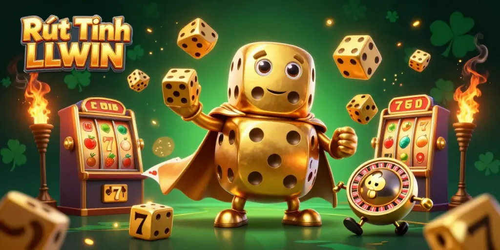Experience thrill with Rút Tiền LLWIN through a vibrant golden dice golem juggling riches!