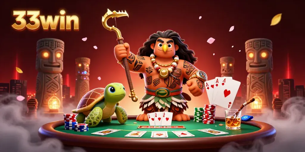 33win casino scene featuring a Maui-style demigod, poker table, and vibrant game elements.