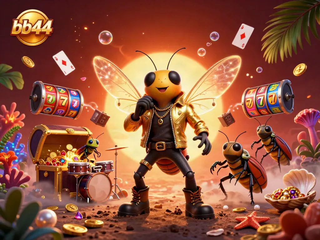 Experience the thrill of bb44 casino with our vibrant cartoon scene featuring a cicada rock star and casino elements.