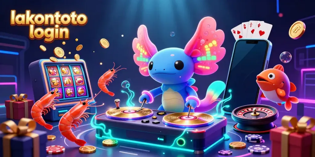 Mengakses login lakontoto melalui ilustrasi digital kasino yang dinamis dengan pohon laut dan DJ axolotl.