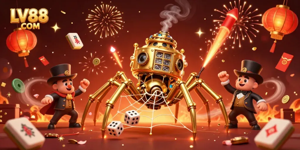 Engage in thrilling gaming at LV88 COM with a vibrant 3D illustration of a steampunk spider and fly gentleman amidst festive casino elements.