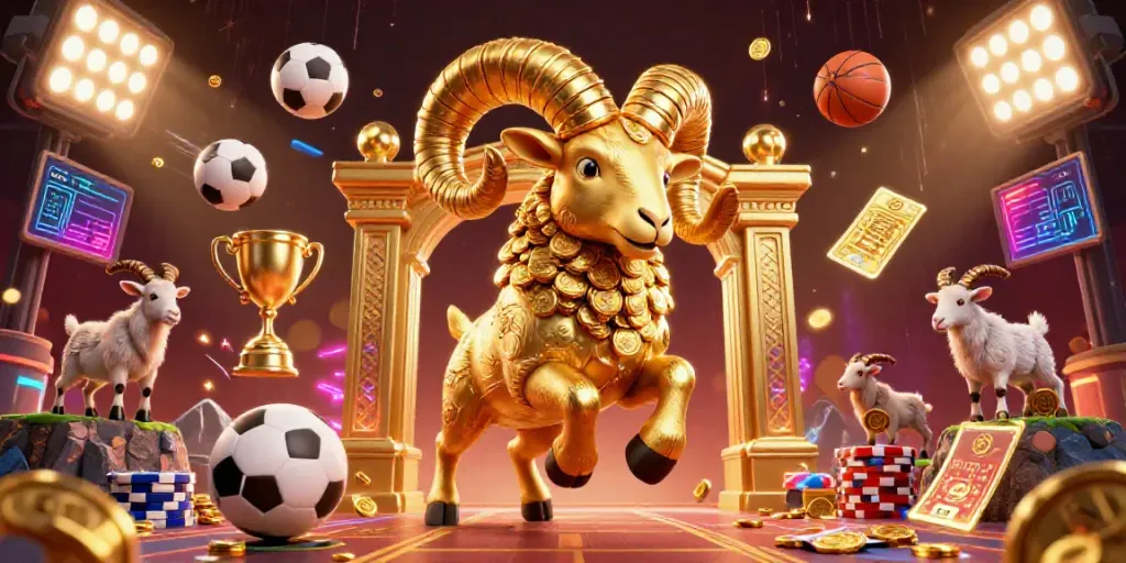 Experience the excitement of 8day with a massive golden ram charging through a vibrant casino scene filled with dynamic sports elements.