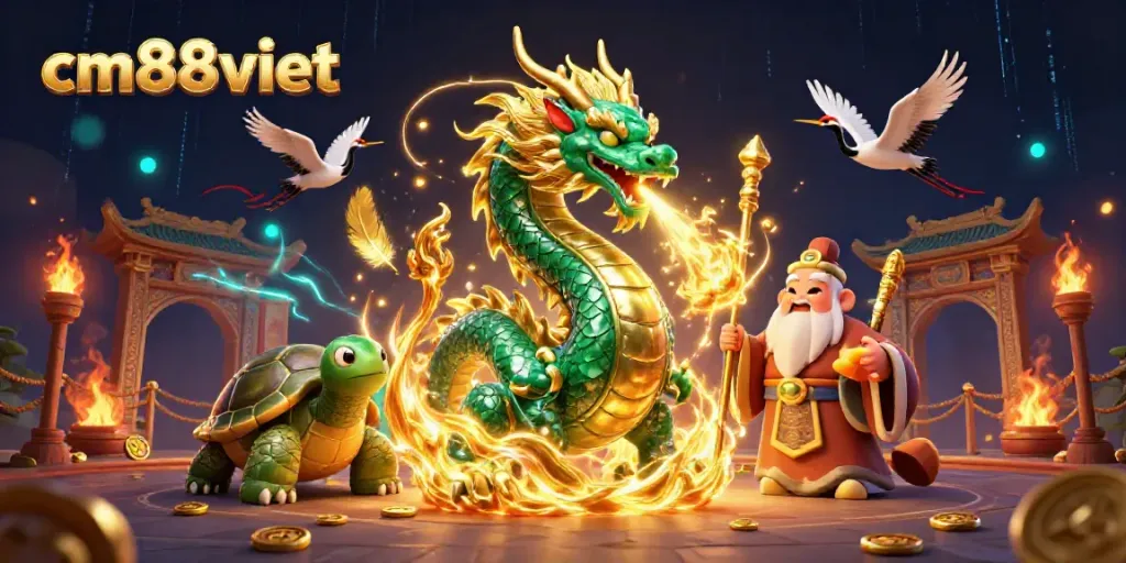 Experience thrilling energy in cm88viet's dynamic casino world with a jade dragon and lucky cranes.