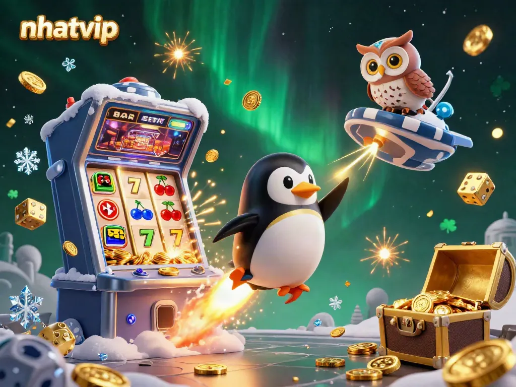 Nhatvip casino illustration featuring golden penguin, slot machine, and abundant treasures