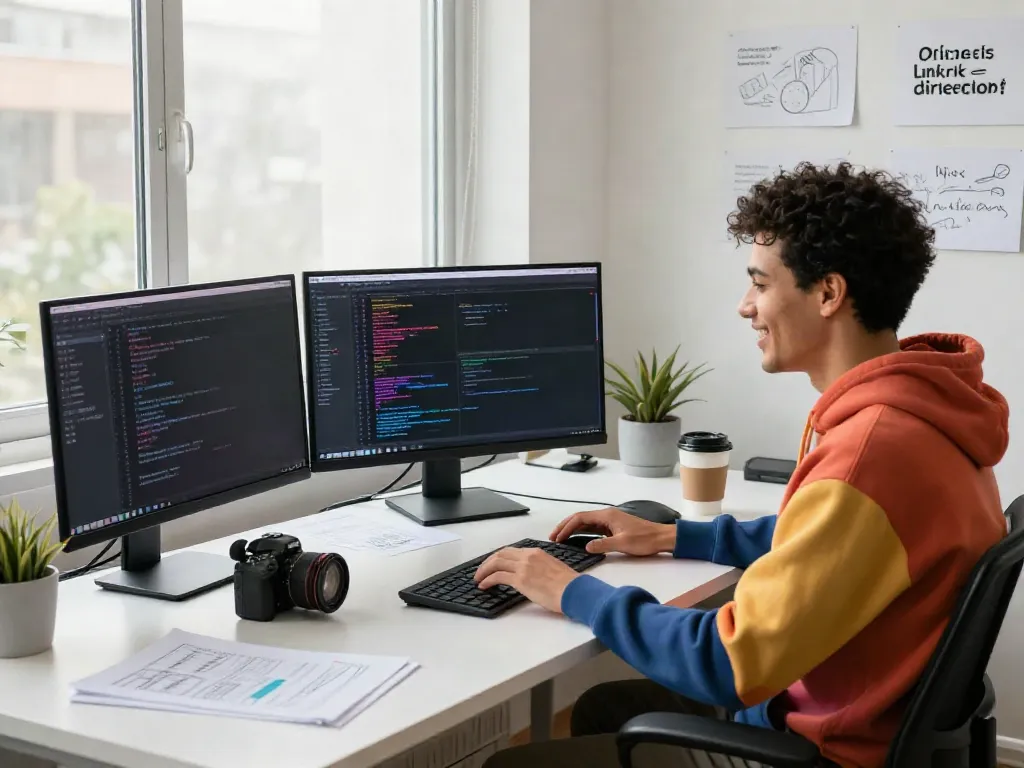 Developer at a dynamic workspace creating a 링크사이트 interface with vibrant displays and inspiring surroundings.