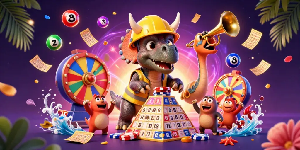 Engage in thrilling casino action with 23win as playful dinosaurs celebrate a poker chip pyramid in vibrant colors.
