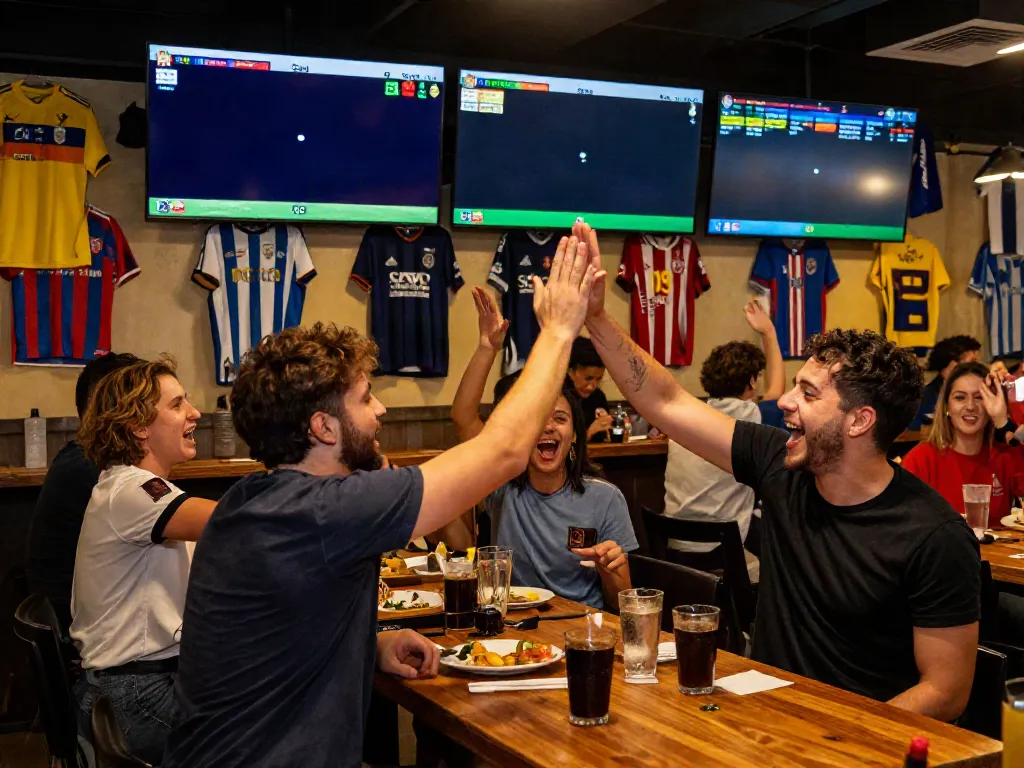 Fans celebrating in a sports bar while following ข่าวกีฬาฟุตบอล updates on screens.