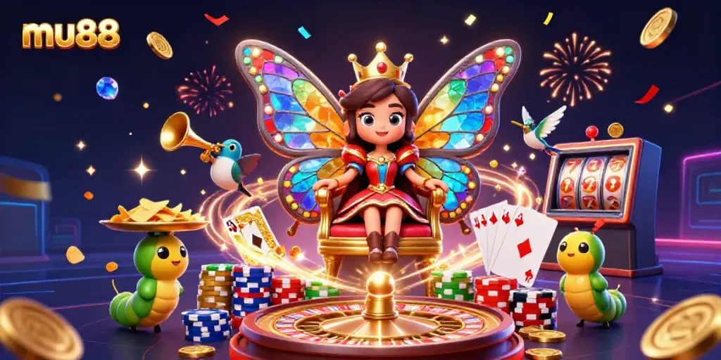 Engage in vibrant mu88 gaming with a butterfly queen and chip-bearing caterpillars in a dazzling 3D casino scene.