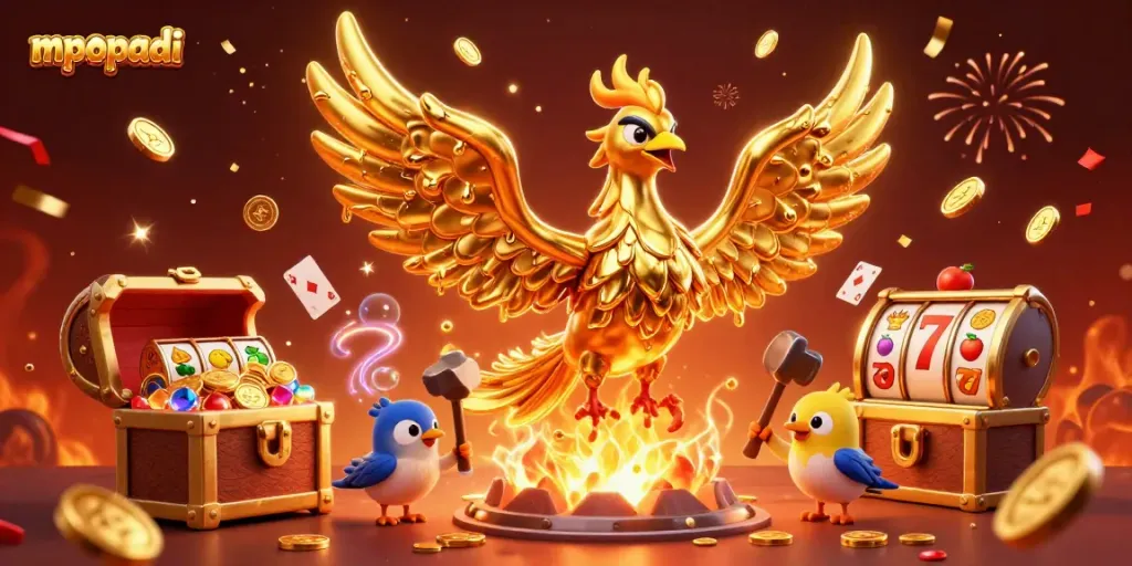 Experience excitement with MPOPADI as molten gold drips from a phoenix, surrounded by slot game elements.