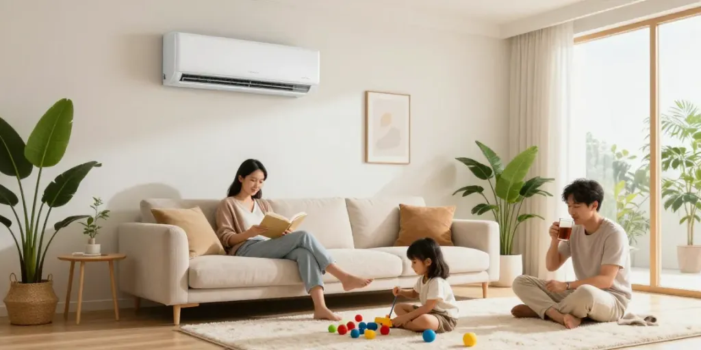 Family enjoying comfort with a mini split air conditioner in a cozy living room.