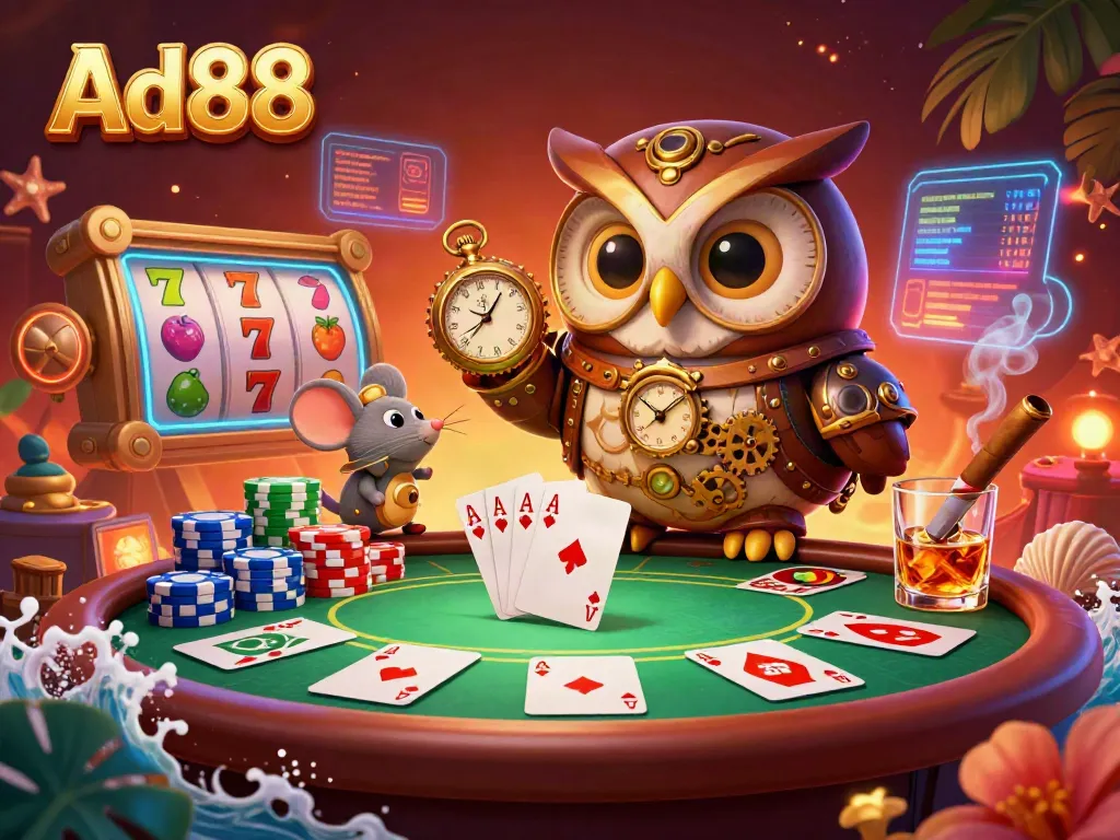 Experience the thrilling options at Ad88 with vibrant slot reels, poker elements, and a steampunk owl.